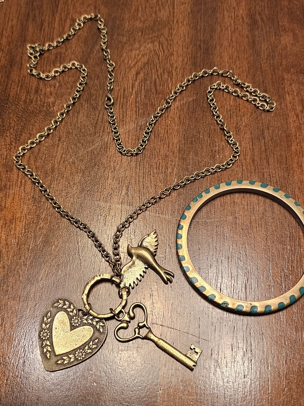Gold Heart, Key & Dove Pendant Necklace - Women Jewelry